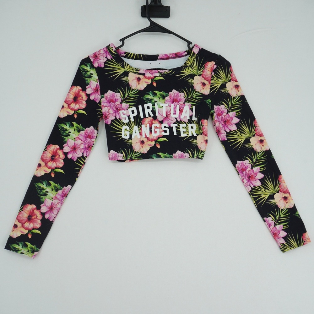 Spiritual Gangster Floral Long Sleeve Rash Guard Crop Swim Top Black Pink‎ Small